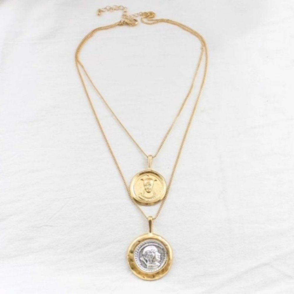 Coin Pendant Vintage Double Chain Layered Necklace - Picture 10 of 12